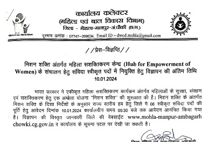 WCD Mohla Manpur DHEW Staff Vacancy 2024